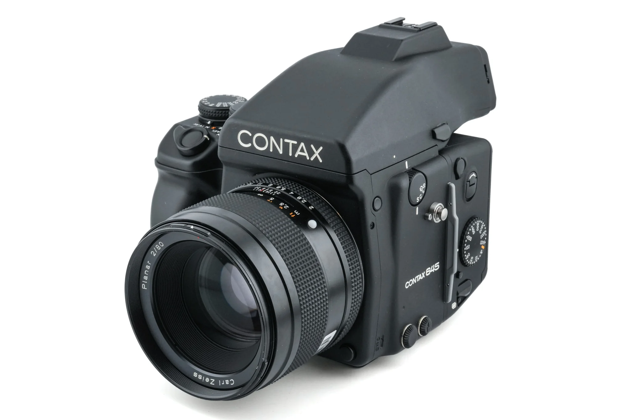 Contax 645 + MFB-1 120/220 Film Back Holder + MFB-1A 120/220 Film Insert + MF-1 AE Prism Finder + 80mm f2 Planar T*